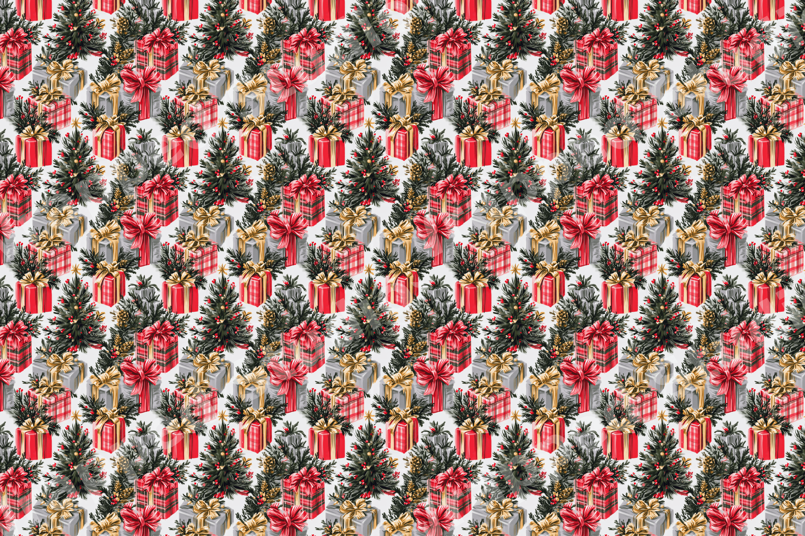 Vintage Christmas pattern featuring watercolor pine trees, winter foliage, and festive holiday motifs.