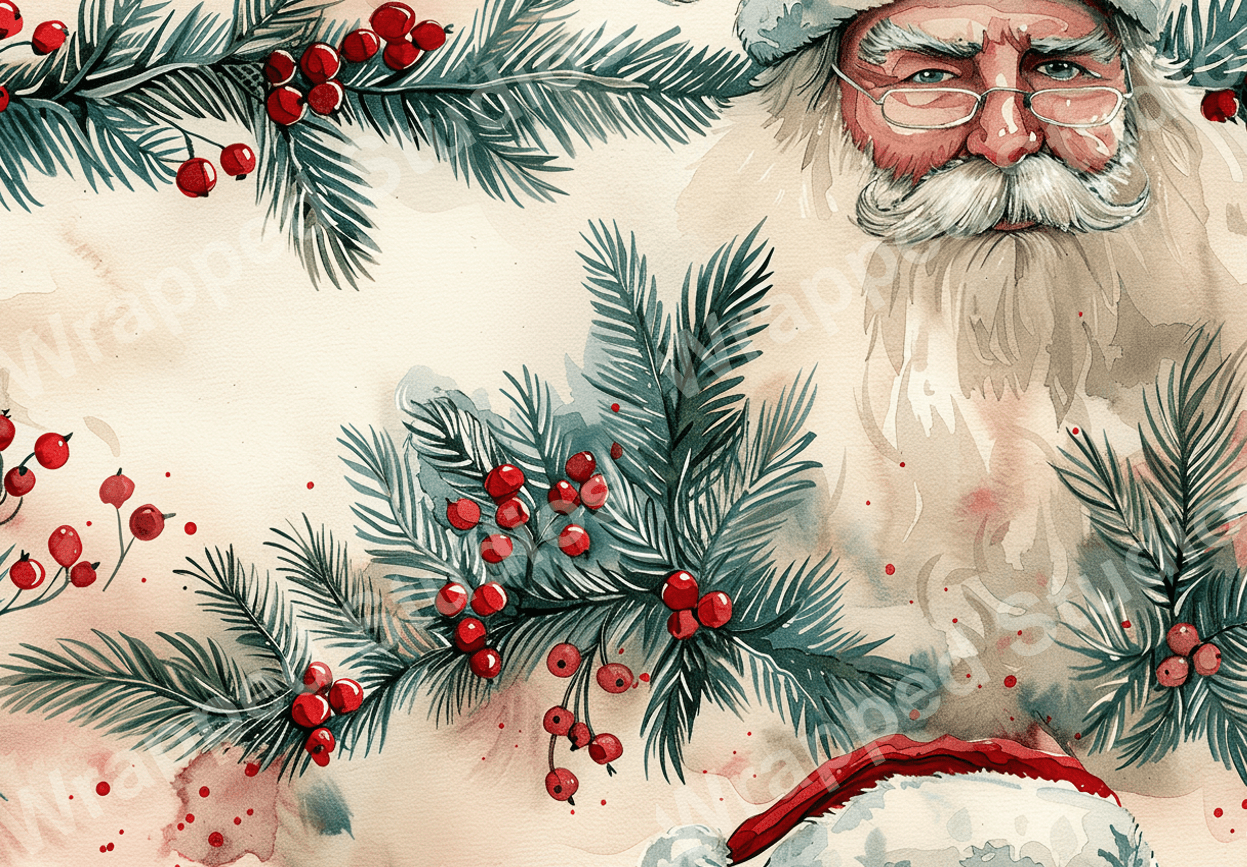 Watercolor Christmas pattern with evergreen branches and red berries.