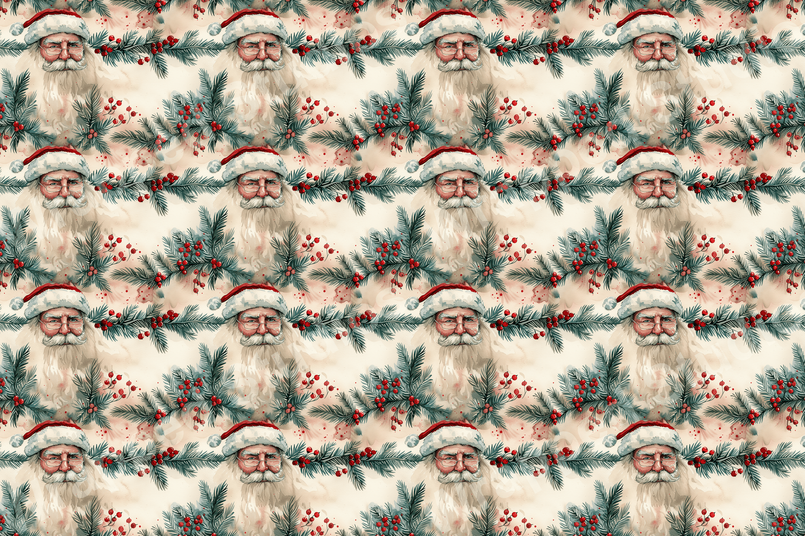 Watercolor Santa and berry seamless pattern in festive holiday colors.