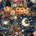 Whimsical vintage Halloween pattern featuring a witch, jack-o'-lanterns, black cats, and autumn flowers under stars.