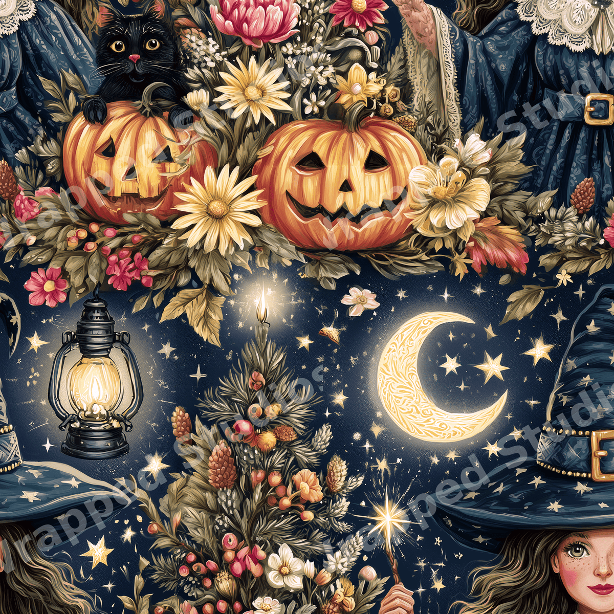 Whimsical vintage Halloween pattern featuring a witch, jack-o'-lanterns, black cats, and autumn flowers under stars.
