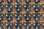 Vintage Halloween witch pattern with pumpkins, black cats, and crescent moons on starry navy blue.