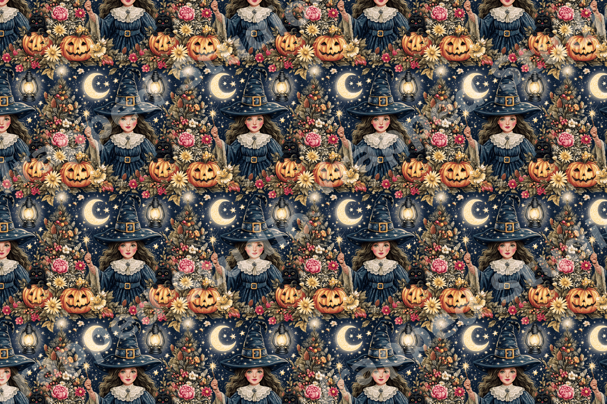Vintage Halloween witch pattern with pumpkins, black cats, and crescent moons on starry navy blue.