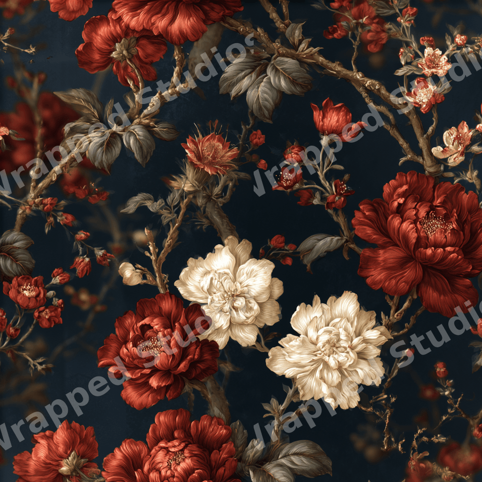 Elegant vintage botanical design featuring red and cream peony flowers on a dark navy background.