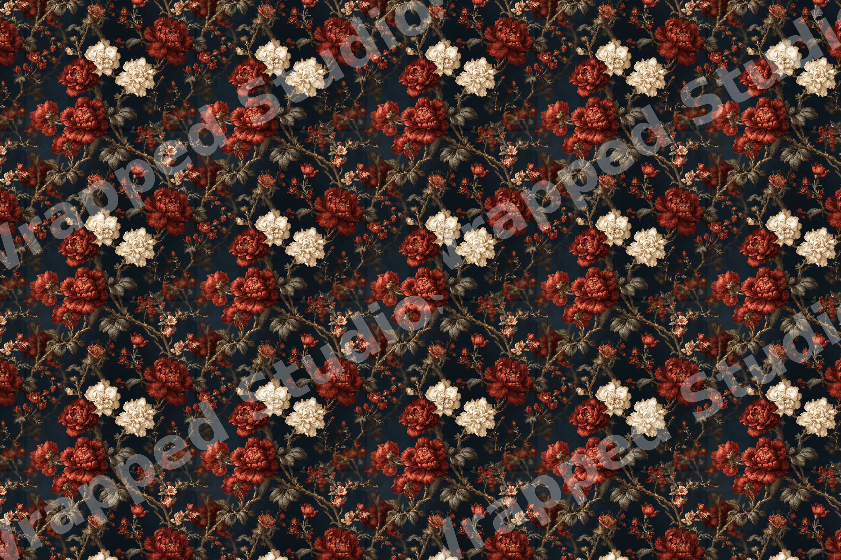 Vintage botanical floral pattern with dark red and cream peonies on a moody navy background.