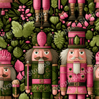 Nutcracker and botanical themed seamless pattern with pink, green, and black color palette.