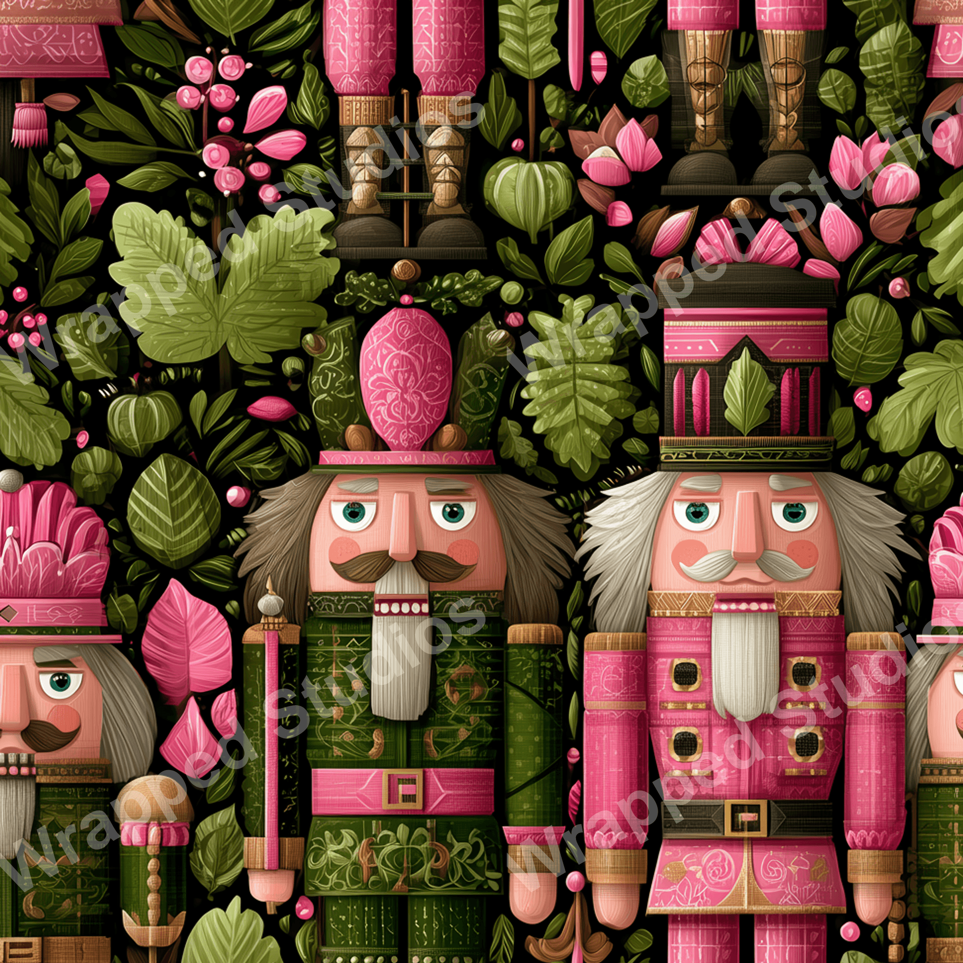 Nutcracker and botanical themed seamless pattern with pink, green, and black color palette.
