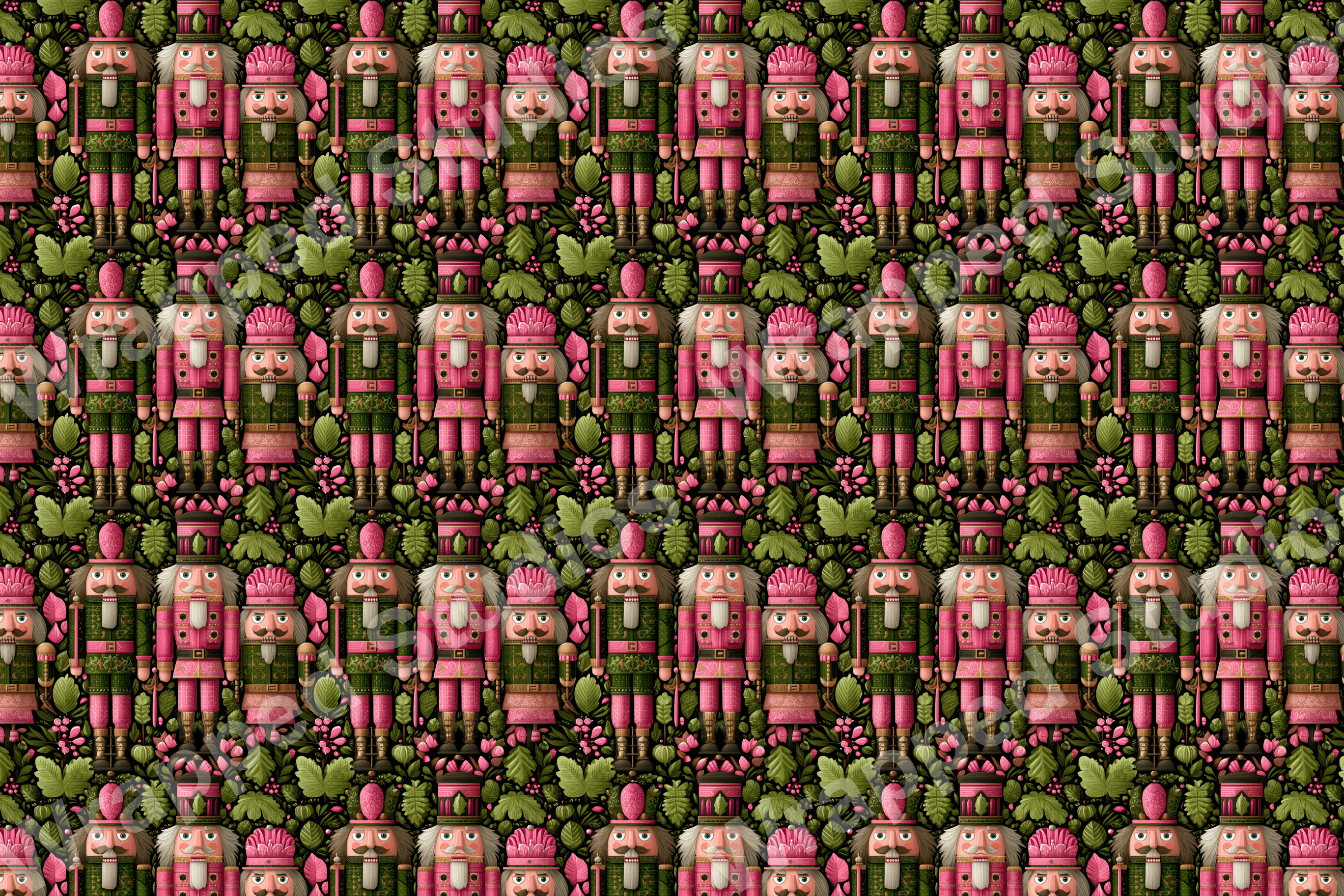 Festive nutcracker pattern with pink and green floral accents on a black background.
