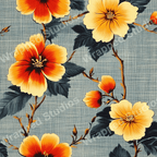 Vintage floral pattern design with large orange and yellow hibiscus flowers and dark blue leaves on a light blue background.
