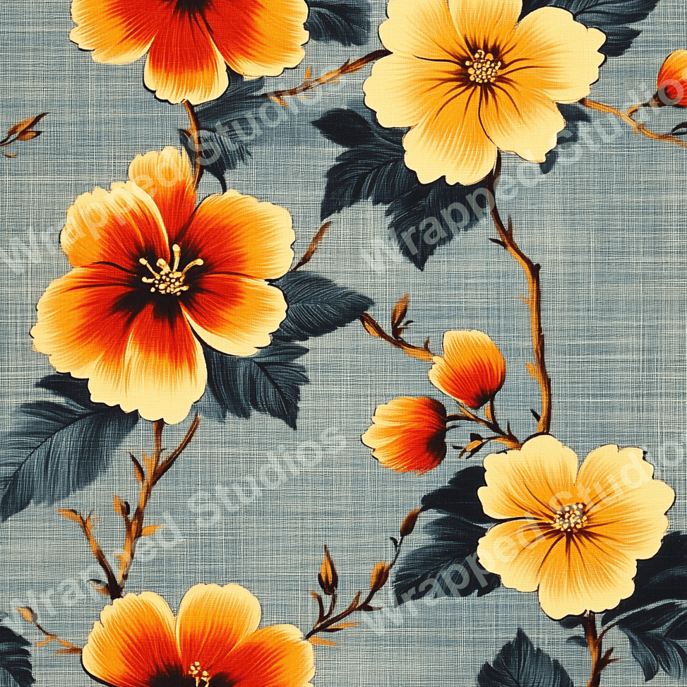 Vintage floral pattern design with large orange and yellow hibiscus flowers and dark blue leaves on a light blue background.