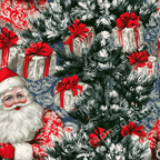 Classic vintage Christmas pattern featuring Santa Claus and snowy pine trees on a blue background.