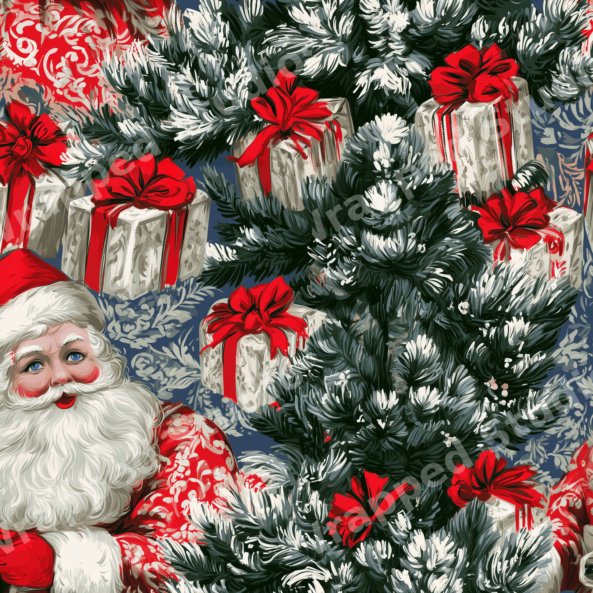 Classic vintage Christmas pattern featuring Santa Claus and snowy pine trees on a blue background.