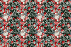 Vintage Christmas pattern with classic Santa Claus, snowy pine trees, and red gifts.