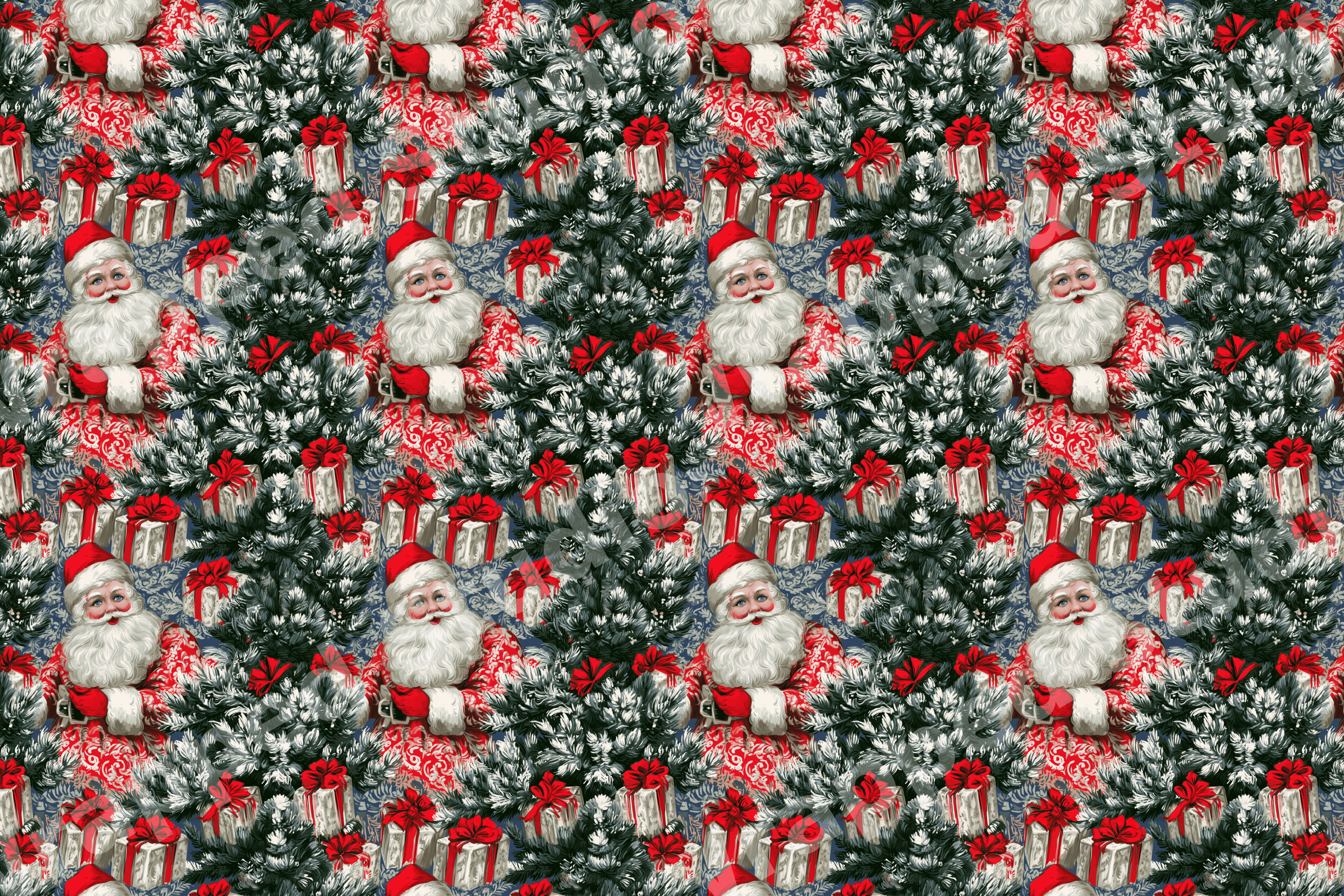 Vintage Christmas pattern with classic Santa Claus, snowy pine trees, and red gifts.