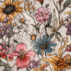 Detailed floral pattern with sunflowers and daisies in shades of pink, yellow, blue, and purple.