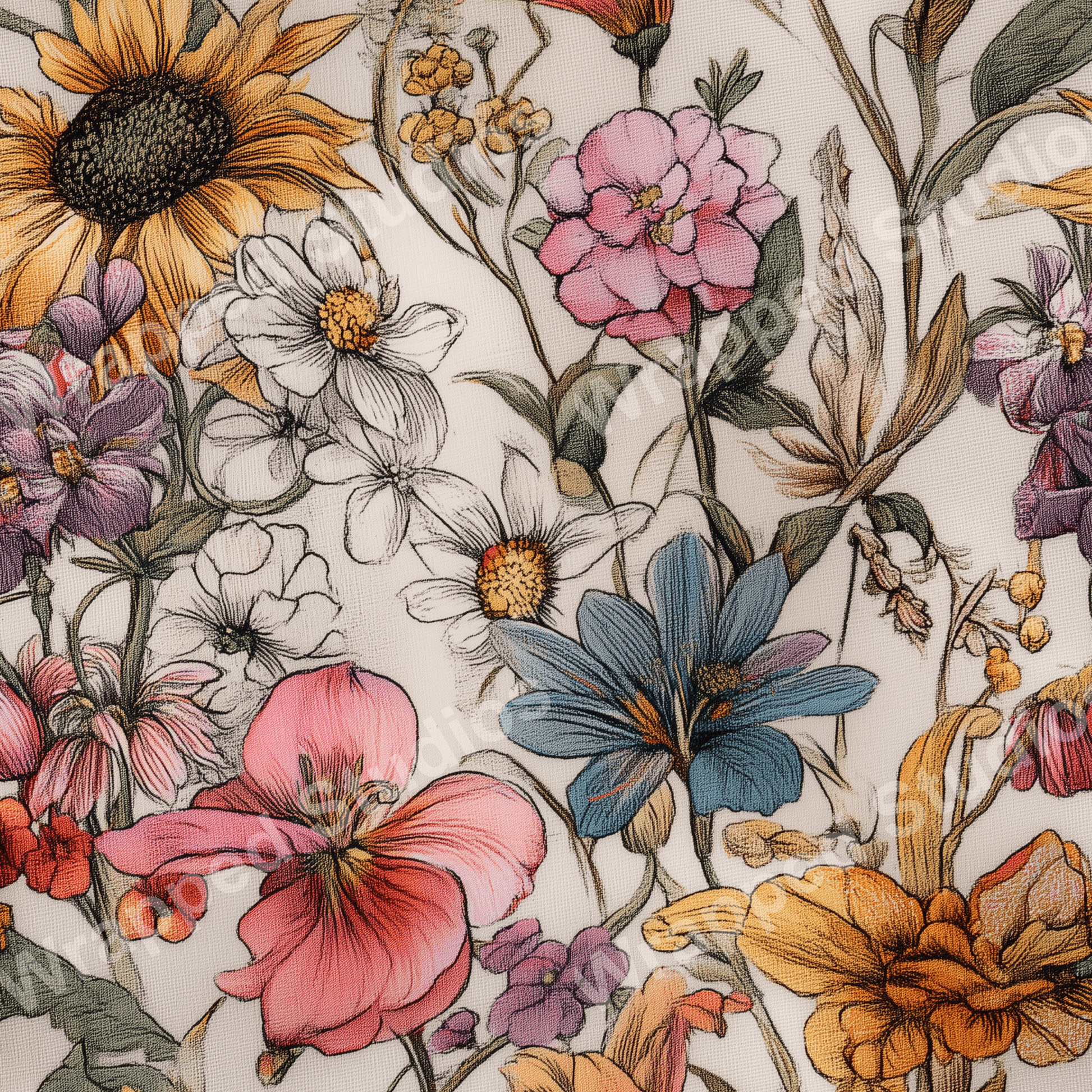 Detailed floral pattern with sunflowers and daisies in shades of pink, yellow, blue, and purple.