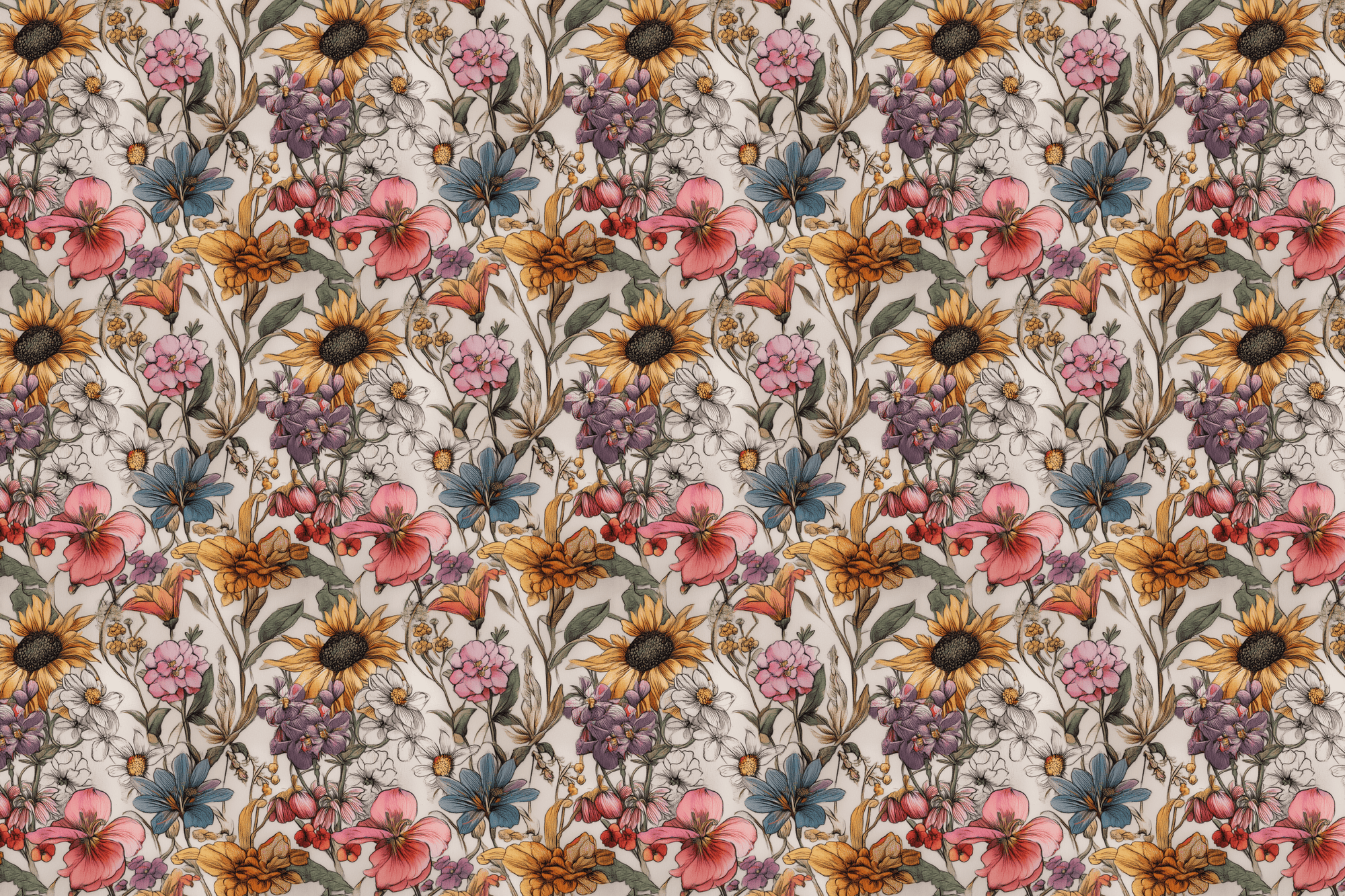 Patterned wrapping paper with multicolored flowers on a beige background. Wrapped Studios luxury wrapping paper.