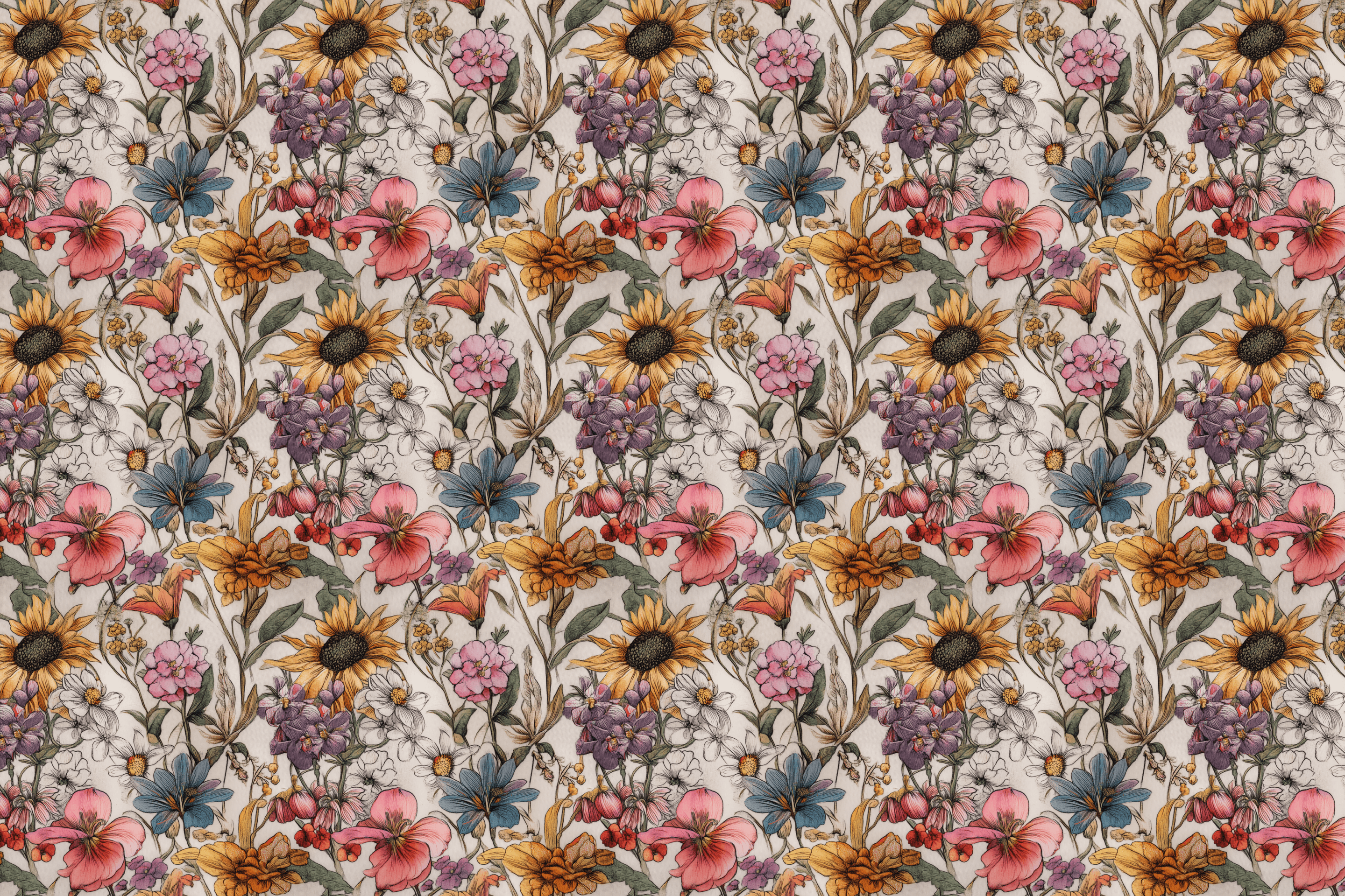 Patterned wrapping paper with multicolored flowers on a beige background. Wrapped Studios luxury wrapping paper.