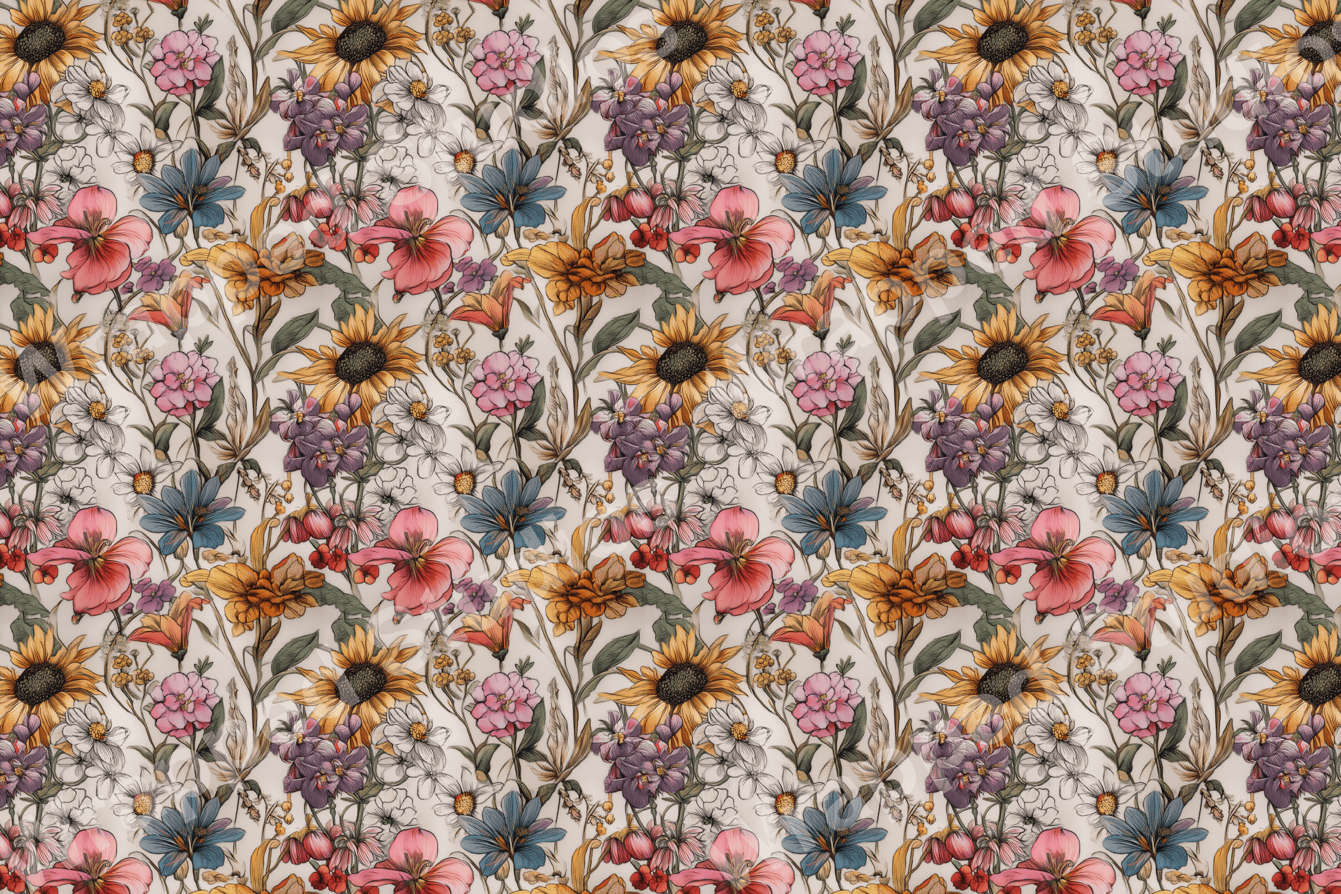 Detailed floral pattern with sunflowers, daisies, and colorful blooms on a light backdrop.