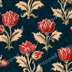 Vintage botanical floral pattern with red tulips and beige leaves on a dark navy damask background.