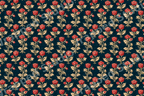 Vintage botanical floral pattern featuring red flowers and gold leaves on a dark navy blue background.