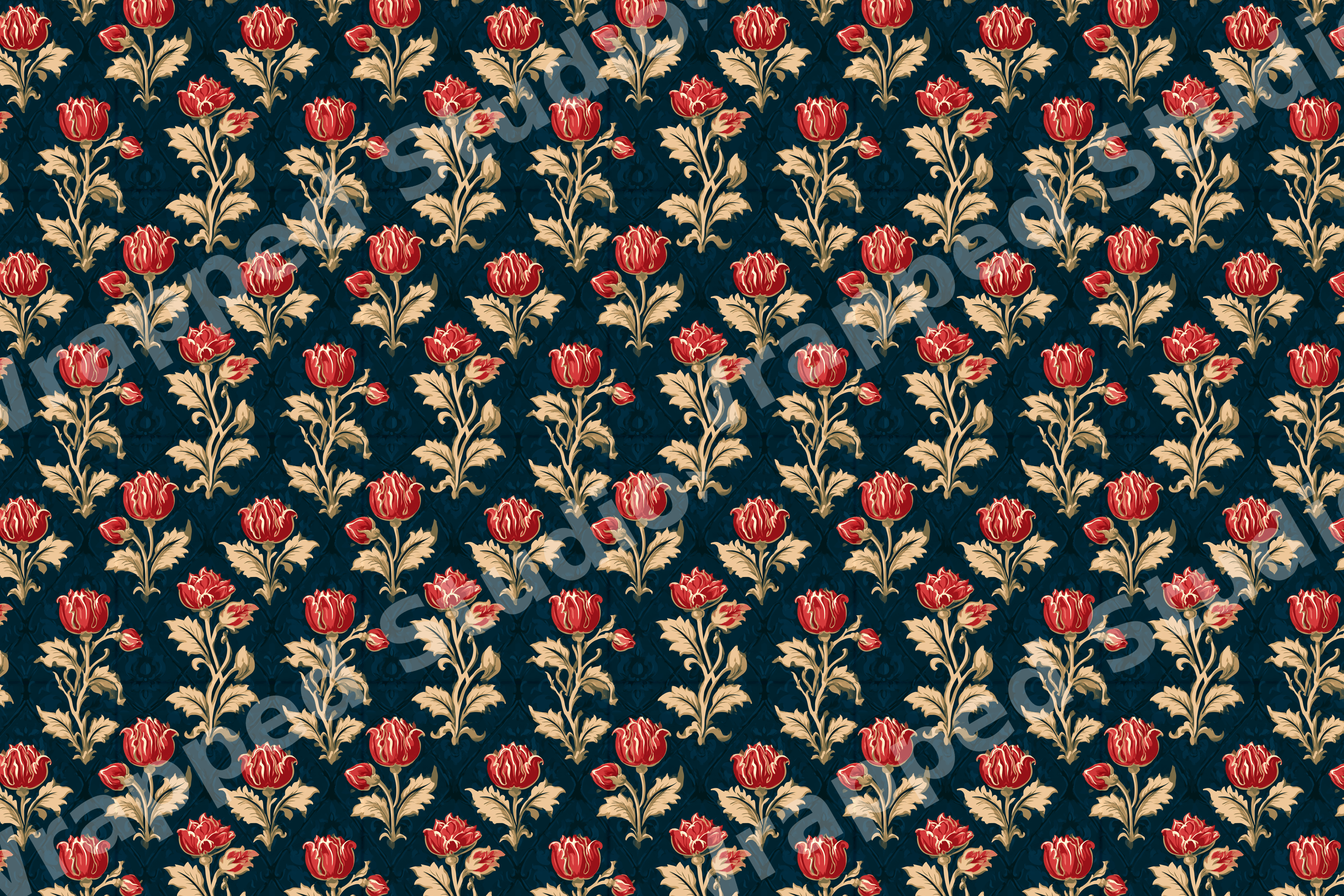 Vintage botanical floral pattern featuring red flowers and gold leaves on a dark navy blue background.
