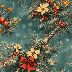 Vintage Christmas botanical pattern featuring white poinsettias, red bows, and pine branches on teal.