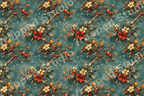 Vintage botanical design with Christmas pine branches, cream poinsettias, and red berries on a teal background.