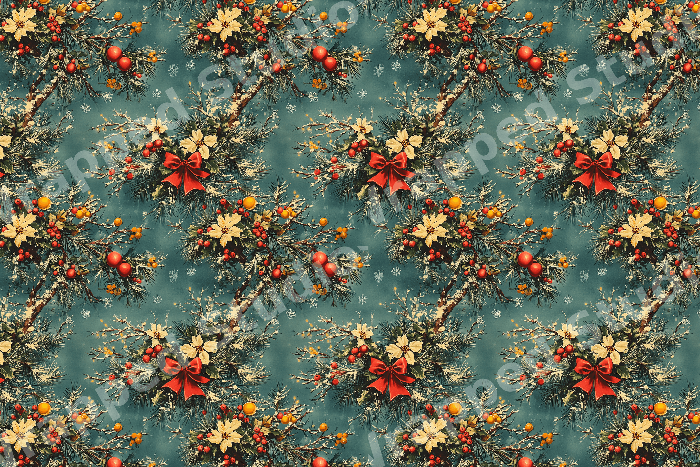 Vintage botanical design with Christmas pine branches, cream poinsettias, and red berries on a teal background.