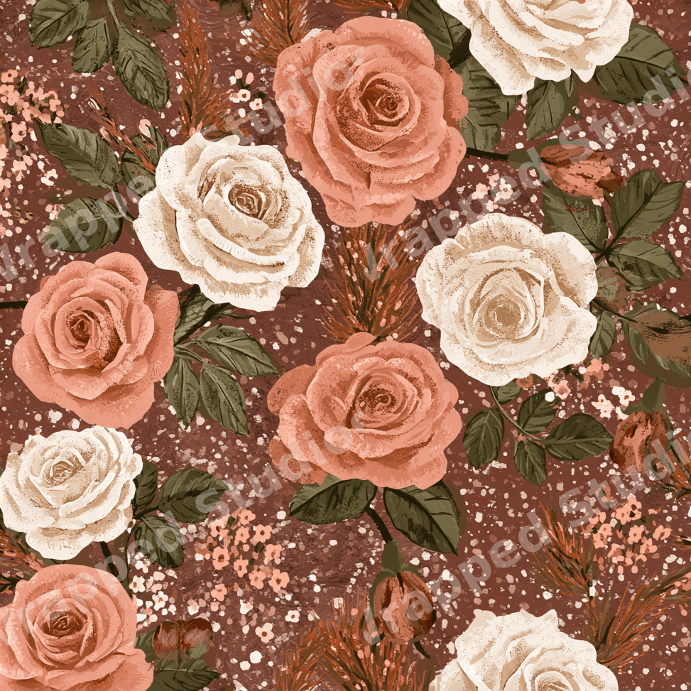 Vintage botanical floral pattern with dusty pink and cream roses on a rustic terracotta background.