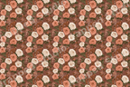 Vintage botanical design with peach and cream roses in a seamless floral pattern on a terracotta background.