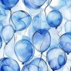 Seamless balloon pattern with watercolor blue hues and delicate black line art.