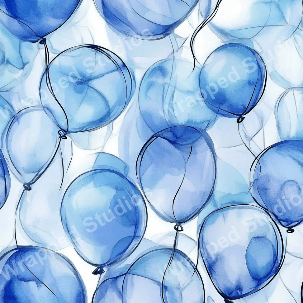 Seamless balloon pattern with watercolor blue hues and delicate black line art.