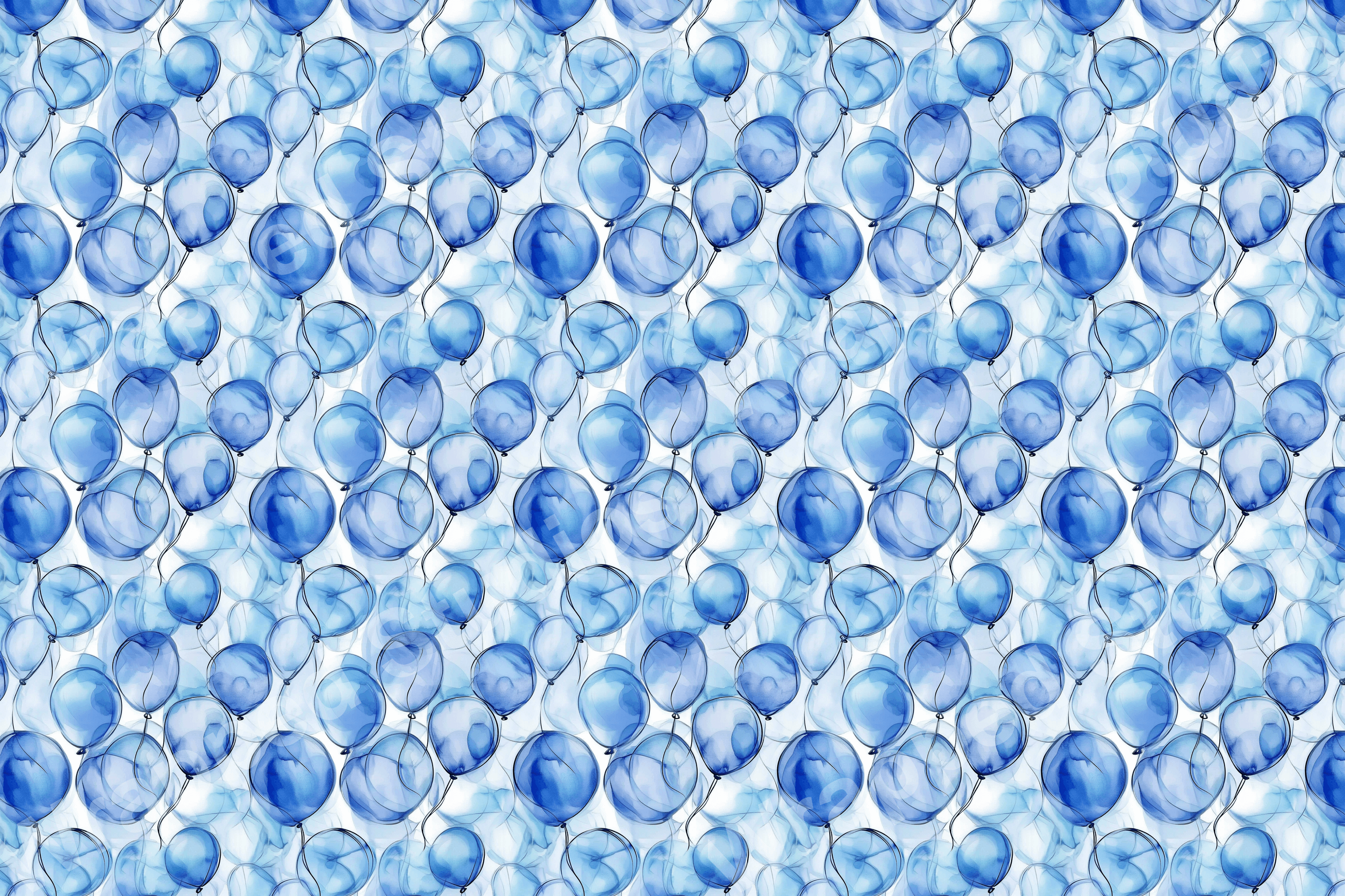 Seamless balloon pattern with transparent blue watercolor effect.