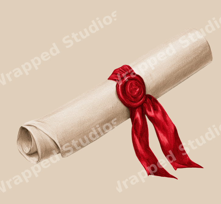 Vintage hand-drawn parchment scroll illustration with a red wax seal on a neutral background.