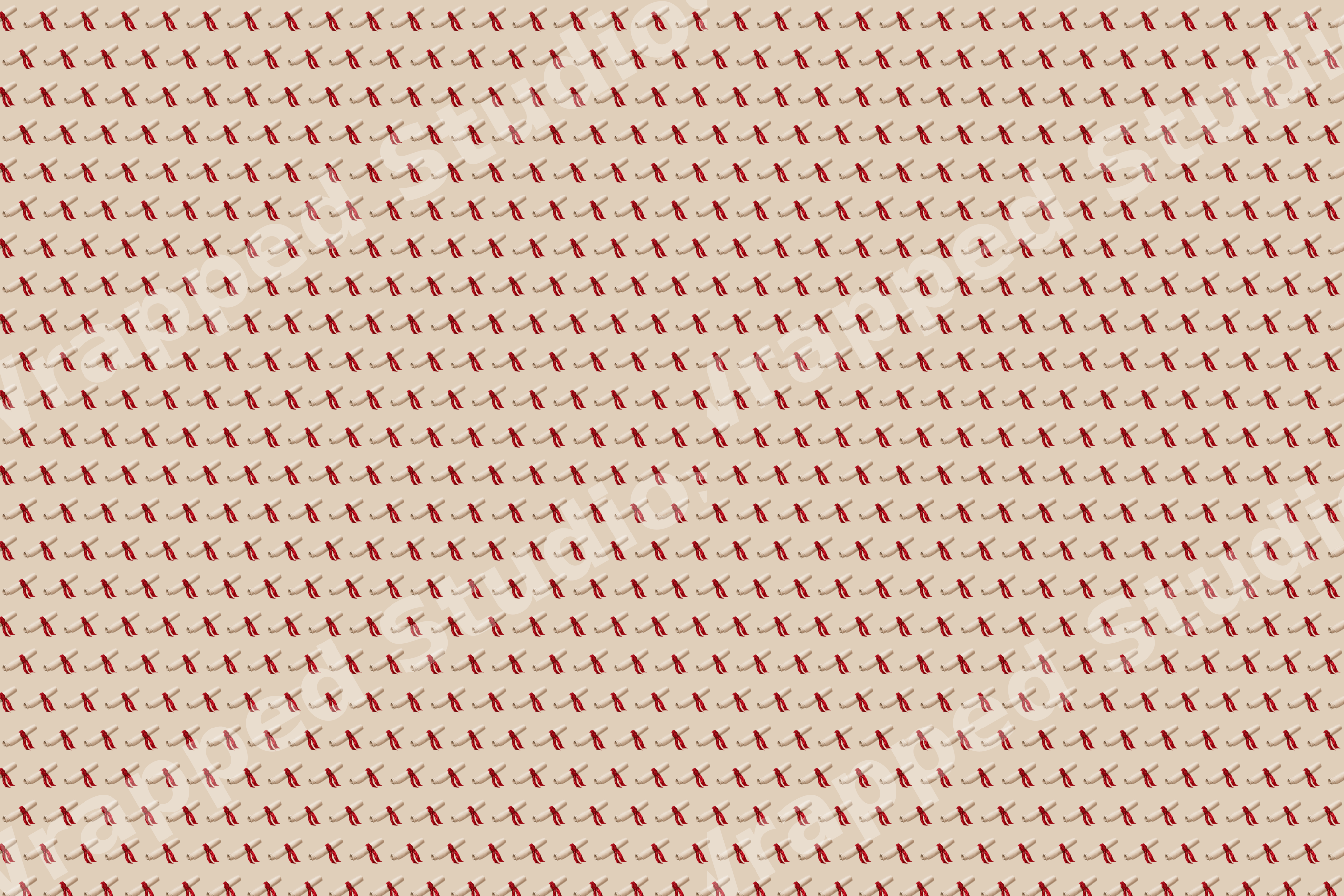Minimalist graduation pattern of small diploma scrolls tied with red ribbons on a cream background.