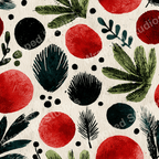 A playful holiday botanical pattern with red berries, black abstract shapes, and green foliage on an off-white background.