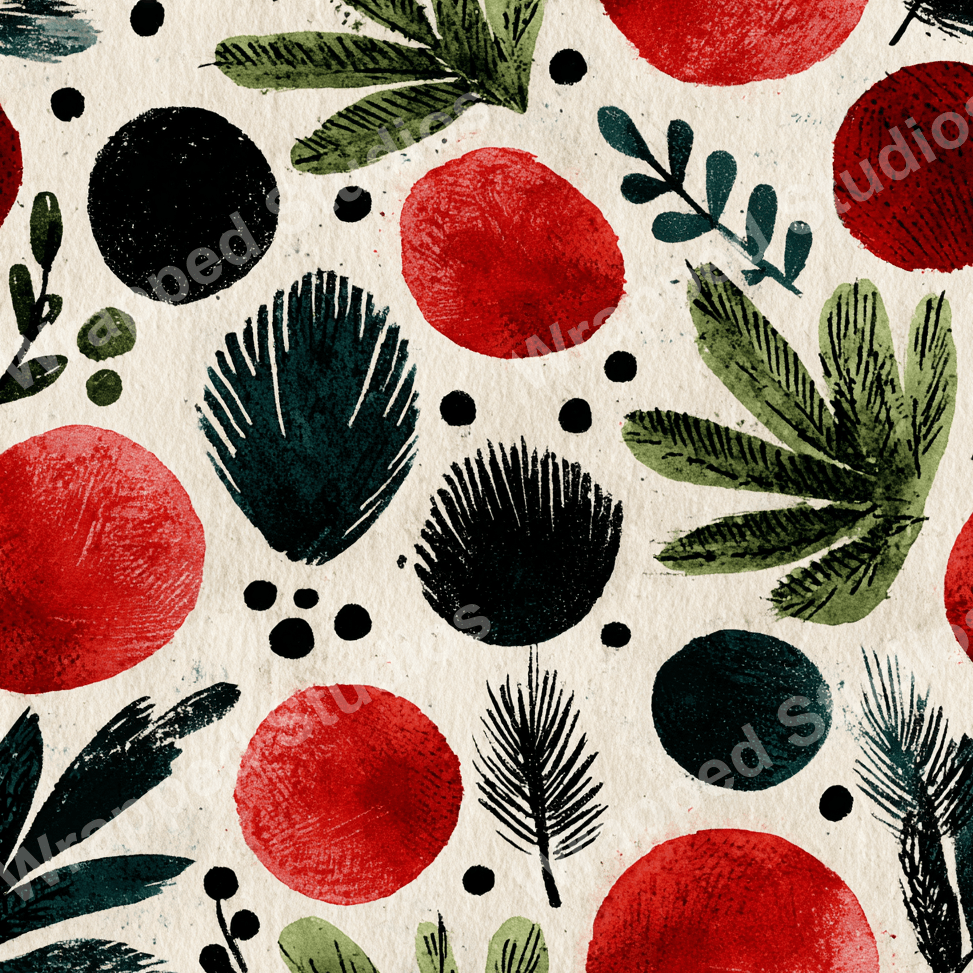 A playful holiday botanical pattern with red berries, black abstract shapes, and green foliage on an off-white background.