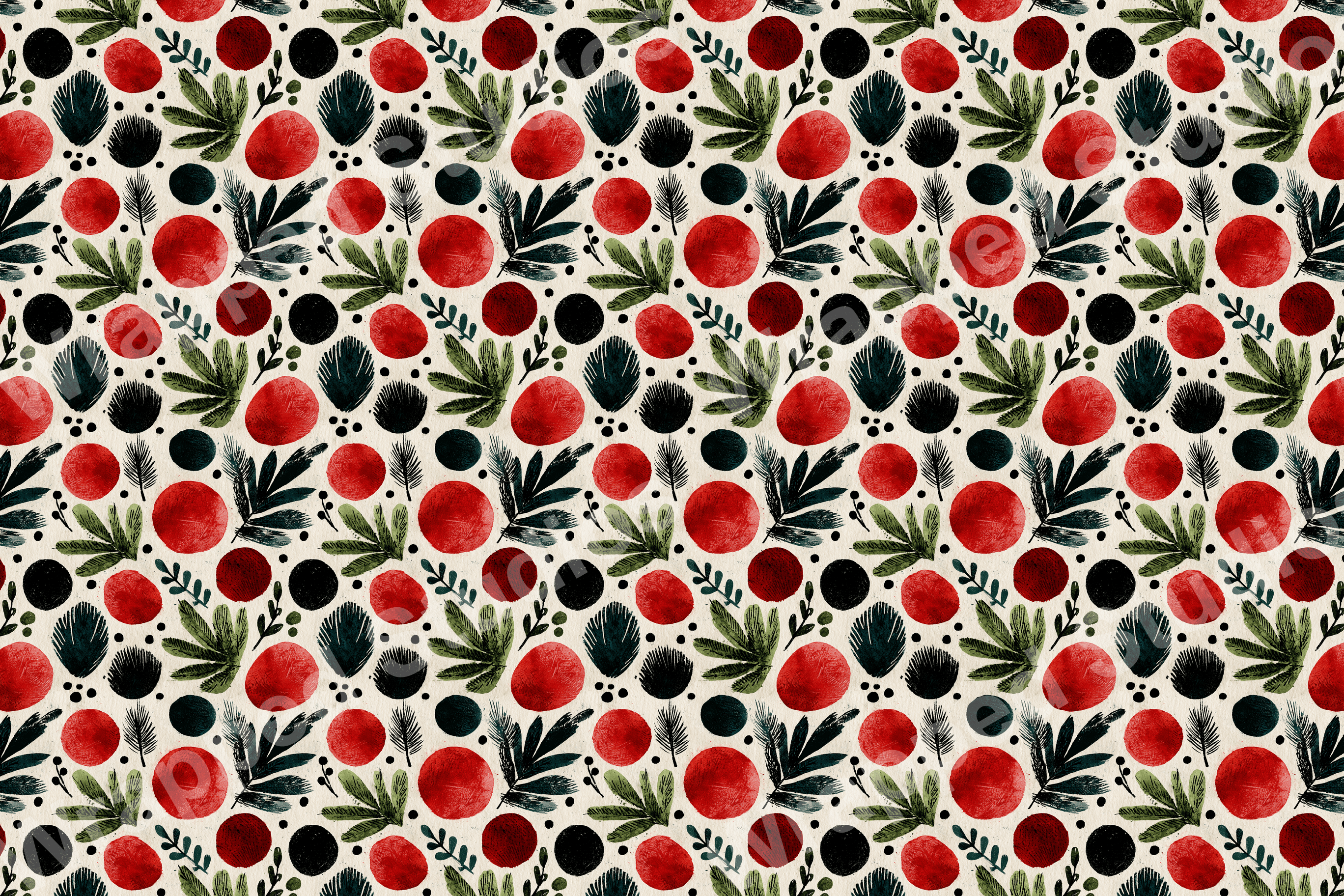 Botanical pattern with deep red berries, dark green leaves, and black abstract dots on a cream background.