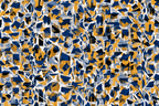 Modern abstract print featuring a seamless geometric pattern in bold navy blue, mustard yellow, and white shards.