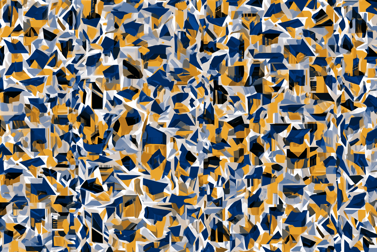 Modern abstract print featuring a seamless geometric pattern in bold navy blue, mustard yellow, and white shards.