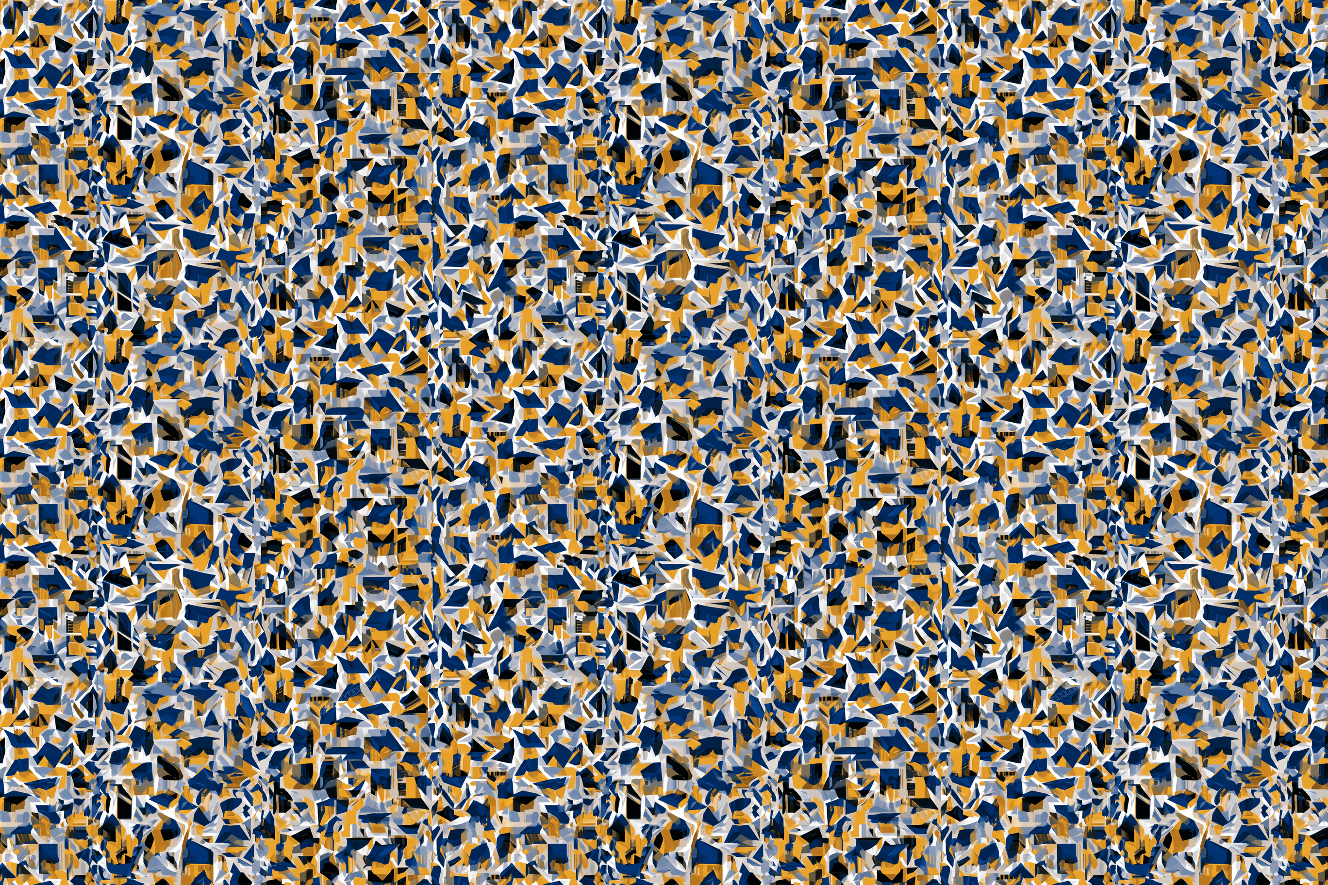 Modern abstract geometric pattern with overlapping blue, gold, and grey angular shapes.
