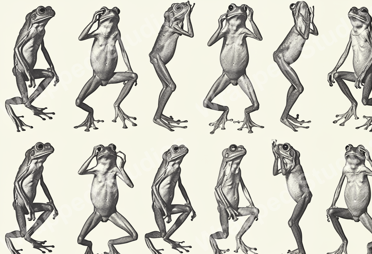 Seamless animal pattern with sketched, vintage-style frogs in shades of gray on a cream background.