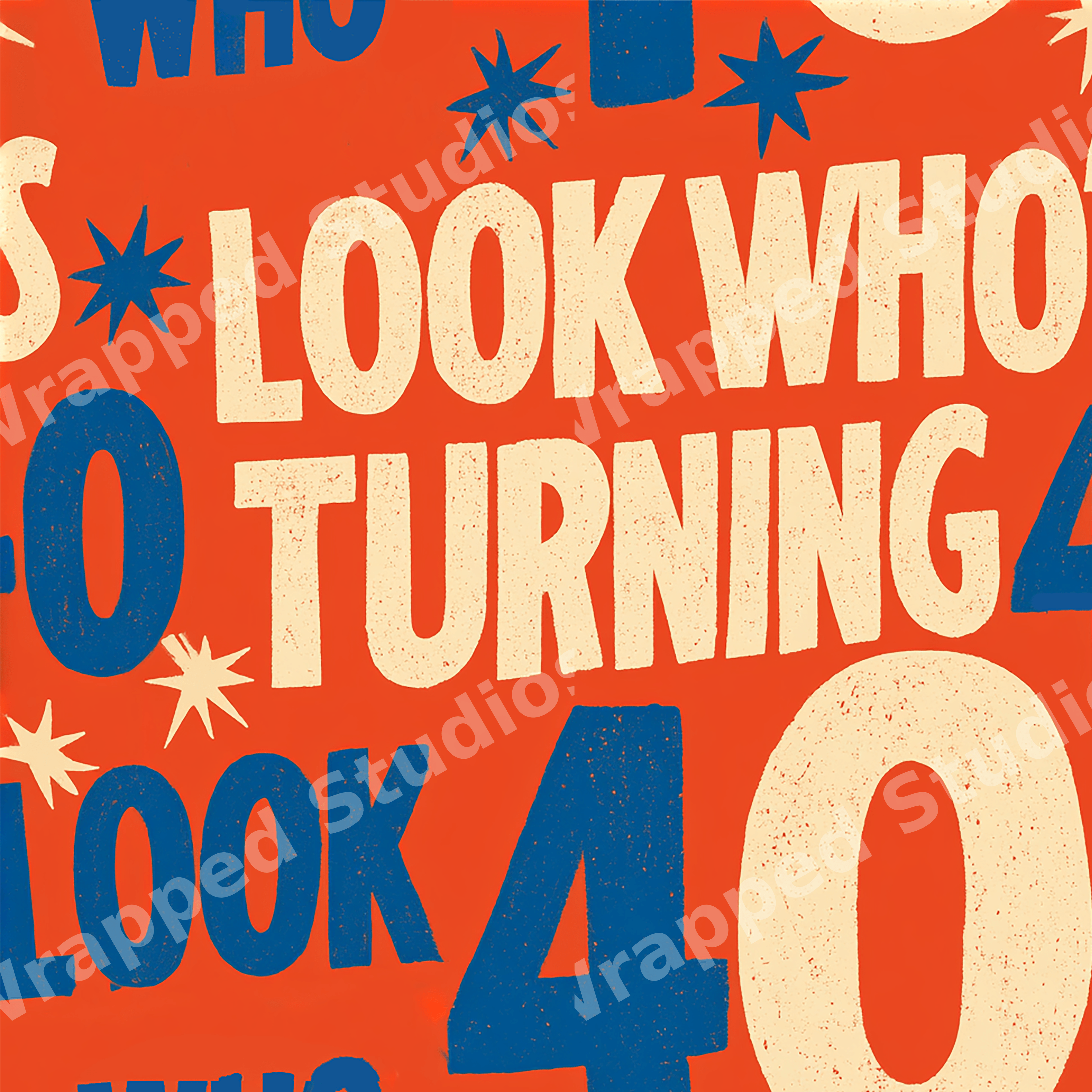 Retro 40th birthday pattern with bold cream and blue typography on an orange background.