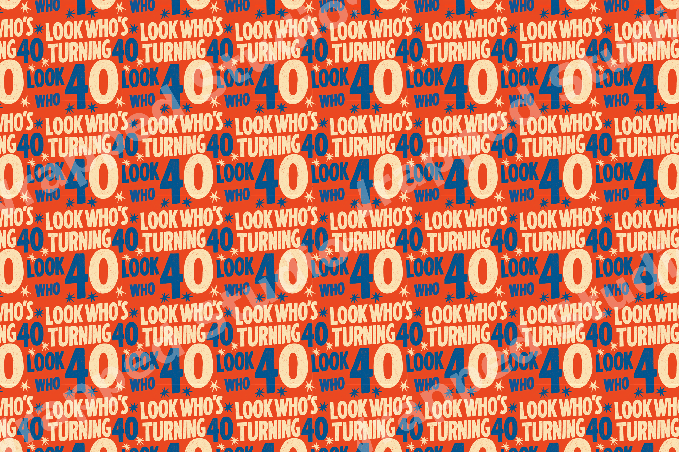 Retro 40th birthday typography pattern in bold red, blue, and cream with a vintage 70s aesthetic.