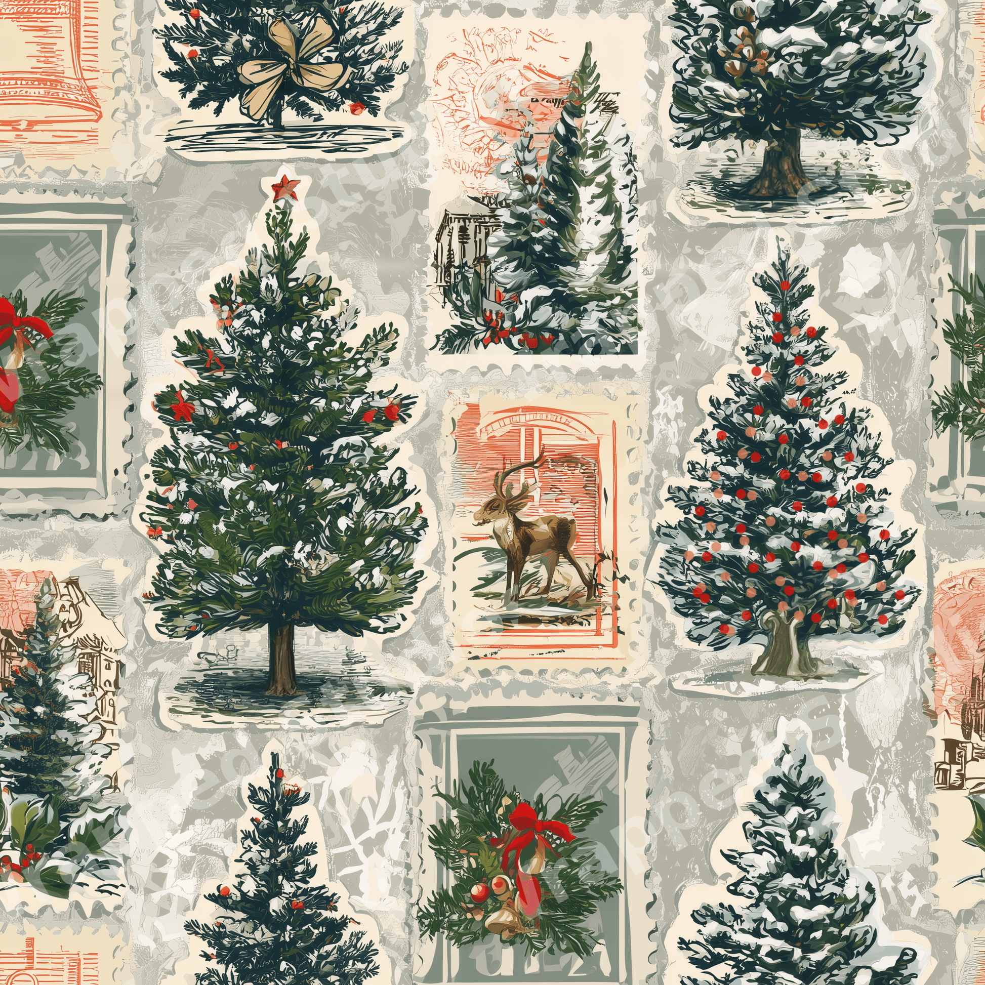 Vintage Christmas stamp pattern with illustrated pine trees, deer, and holiday wreaths in red and green.