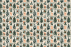 Vintage Christmas pattern with rustic pine trees and retro postage stamps in muted forest green and cream.