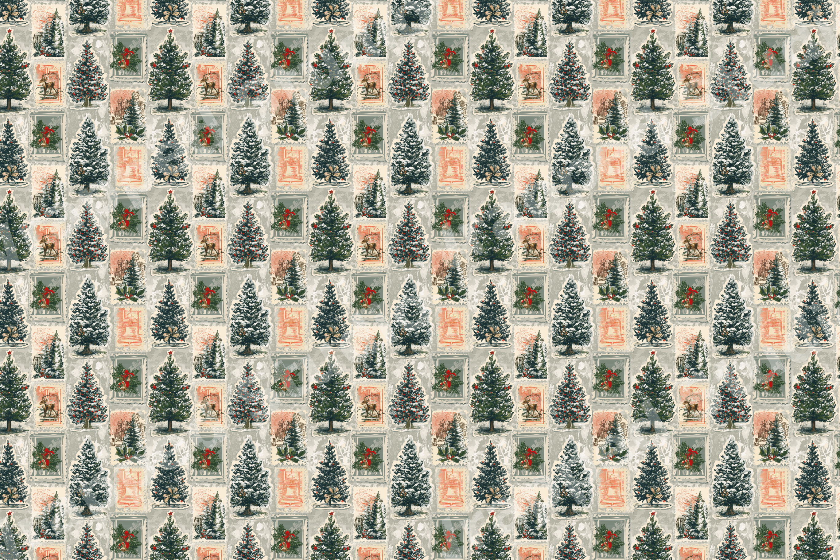 Vintage Christmas pattern with rustic pine trees and retro postage stamps in muted forest green and cream.
