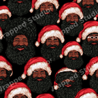 Seamless Black Santa Christmas pattern featuring illustrated smiling Black Santas with red hats on black.
