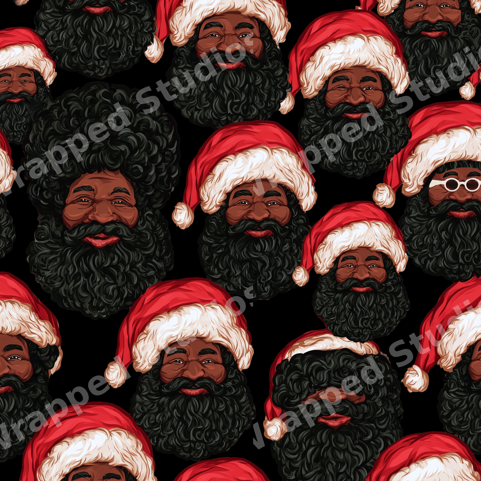 Seamless Black Santa Christmas pattern featuring illustrated smiling Black Santas with red hats on black.
